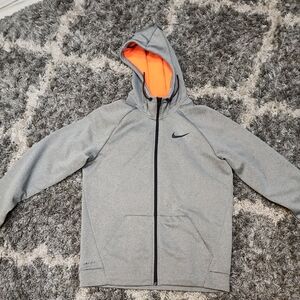 Nike Men's Gray Zip-Up Sweater with Orange Hood